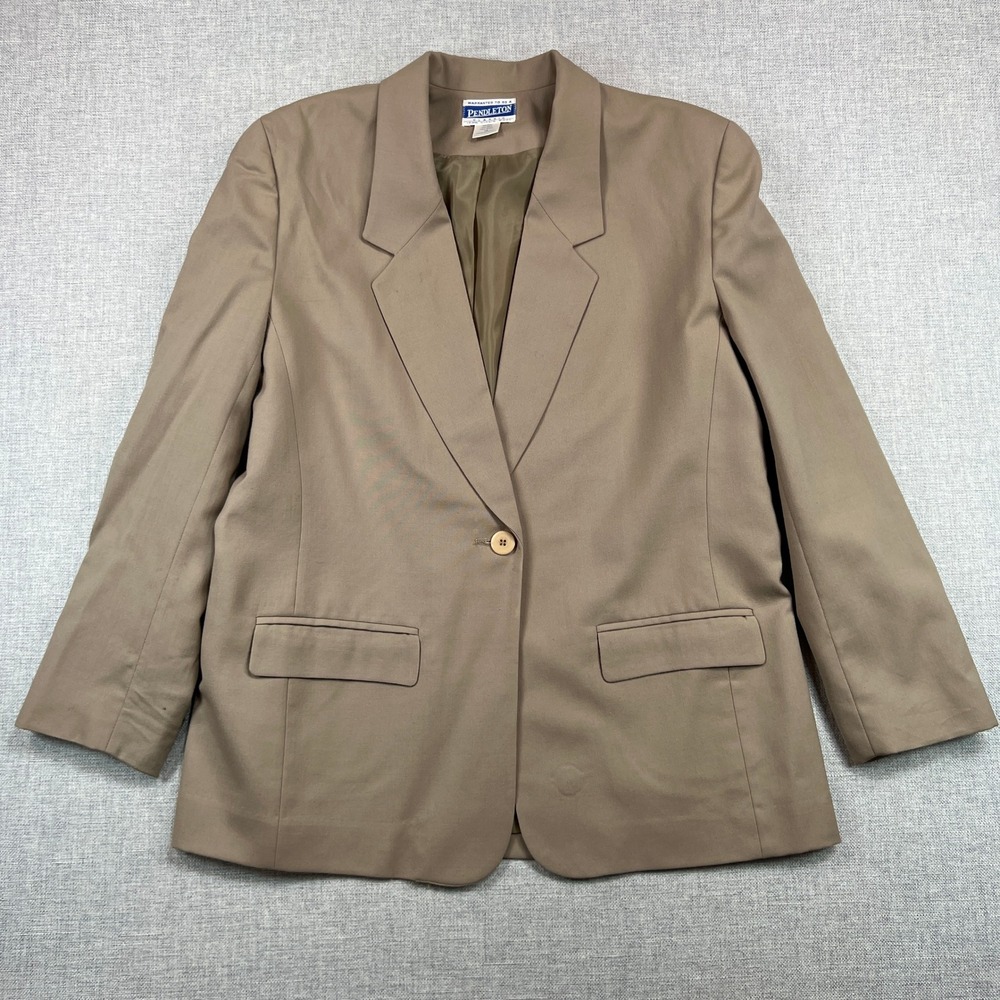 Vintage 90s Pendleton Women's 14 Wool Blazer Tan Made in USA Classic Preppy SPOT
